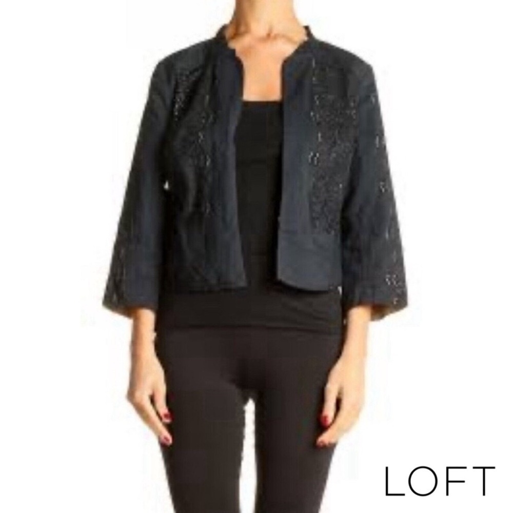 ANN TAYLOR LOFT Embroidered Eyelet Navy Blazer Sz 4 Petite 3/4 Sleeve Lined